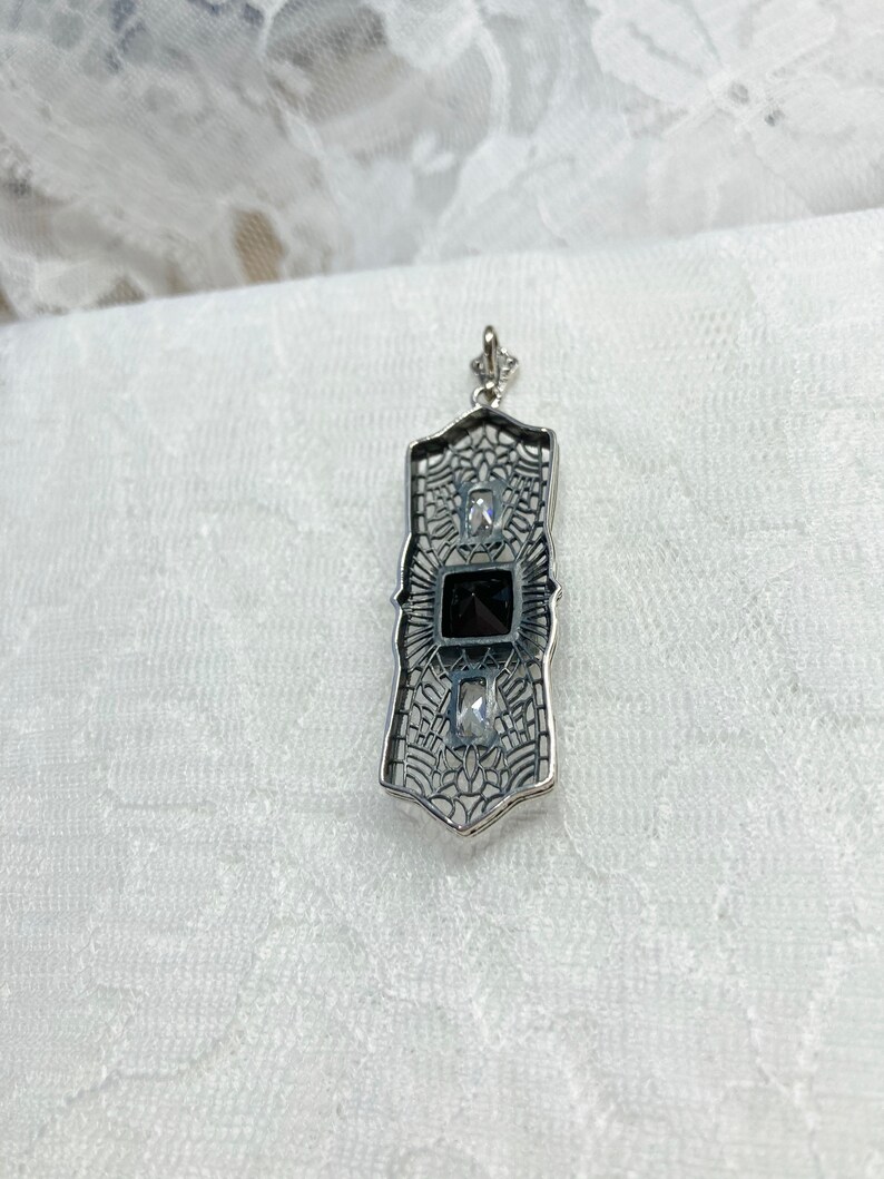 Custom Made Black CZ Pendant Solid Sterling Silver 3ct Square Black Cubic Zirconia Art Deco Silver Filigree Necklace-Pendant Design#P63