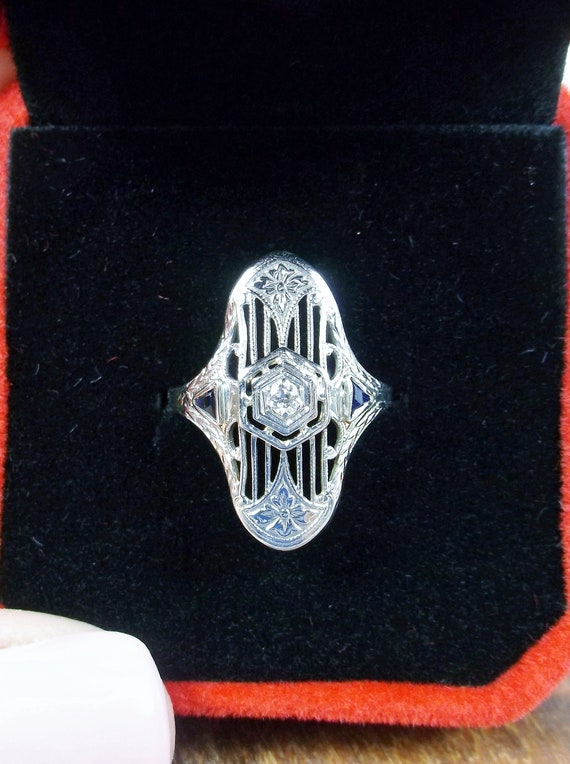 Antique Diamond Ring/ Sapphire Art Deco 18K White Gol… - Gem