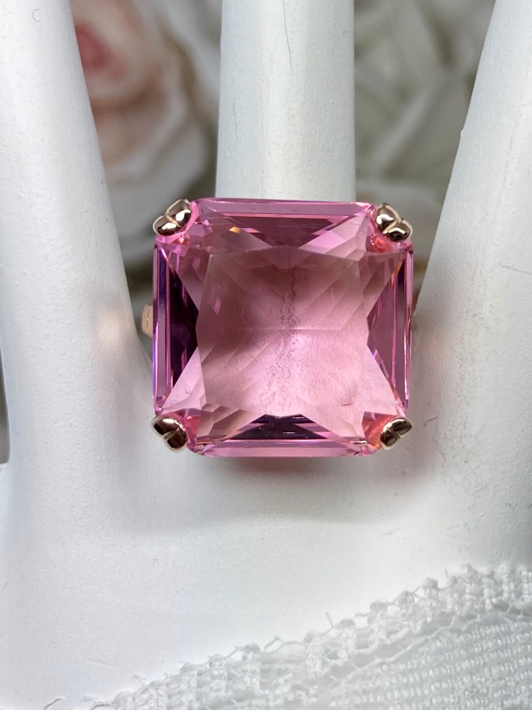 Pink Topaz Ring/ Rose Gold Plated Silver/ 20 Carat Huge Square 