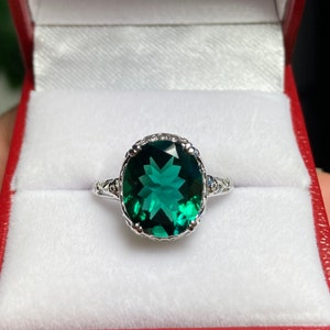 Emerald Ring / Oval 4ct Simulated or CZ Gem with Sterling Silver Art Deco Edwardian Filigree [Custom Made] Design#70z