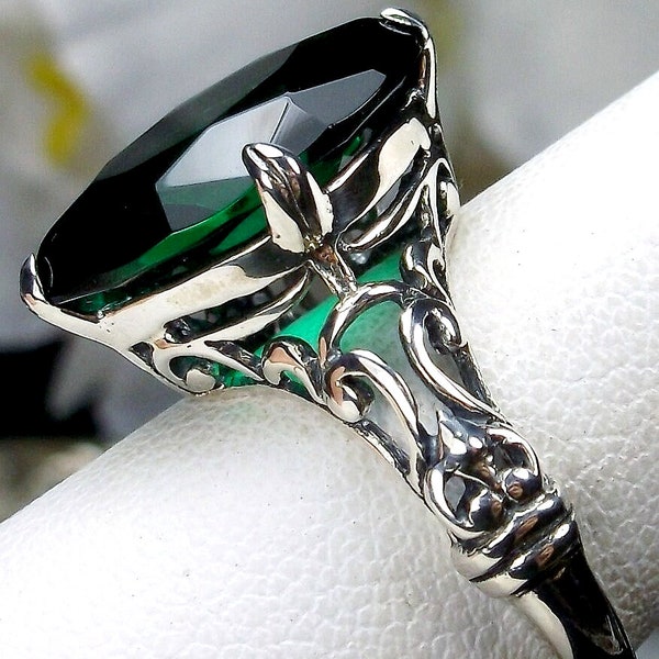 Emerald Ring / Sterling Silver 7ct Marquise Simulated Green Emerald Solid Silver Filigree Ring [Made To Order] Design#100