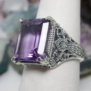 Natural Purple Amethyst Ring Sterling Silver/ 4.7ct Natural Amethyst Victorian Edwardian Etched Filigree [Made To Order] Design#30