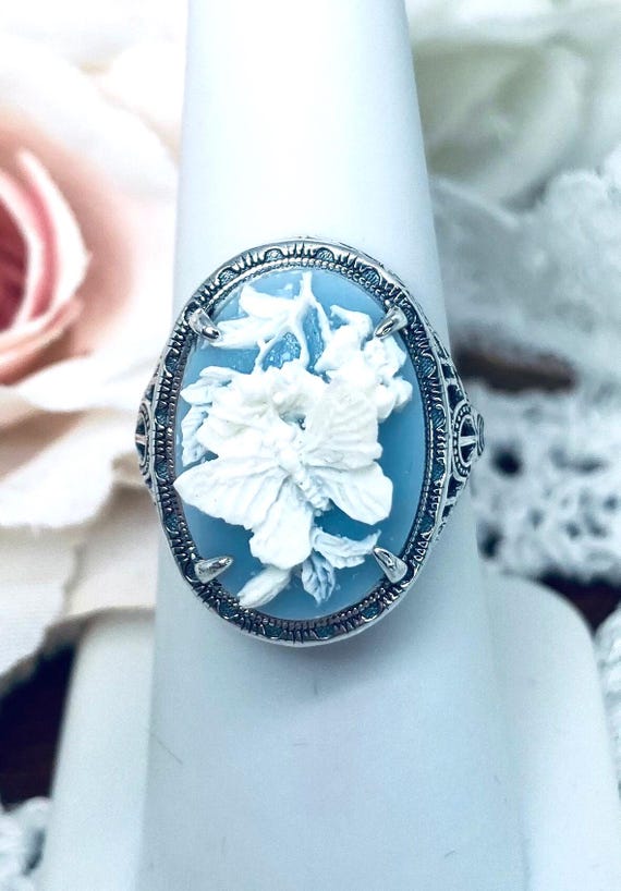 Cameo Ring/ Butterfly, Rose Flower, Lady Silhouette, Sterling Silver Victorian/Deco Filigree [Made To Order] Antique Design#230