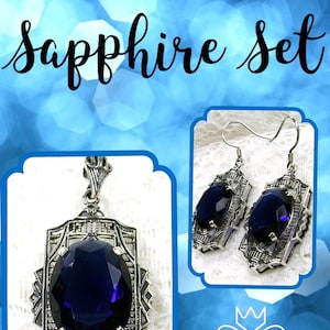 Blue Sapphire Earrings/ 925 Sterling Silver/ Oval Simulated Blue Sapphire, Art Deco 1920s Filigree drop earrings [Custom Made] Design#E19