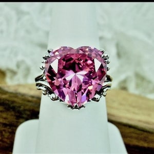 Pink CZ Heart Ring Sterling Silver/ Love Leaf Claw Filigree Huge 10ct Light Pink CZ Ring [Made To Order] Design#213