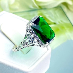 Emerald Ring / Simulated 5ct Green Gem with Sterling Silver Floral Filigree [Custom Made to Order] Design#64