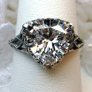 White CZ Ring/ Solid Sterling Silver/ 3.8ct Trillion Cut White Cubic Zirconia Art Deco Triangle Silver Filigree [Made To Order] Design#163