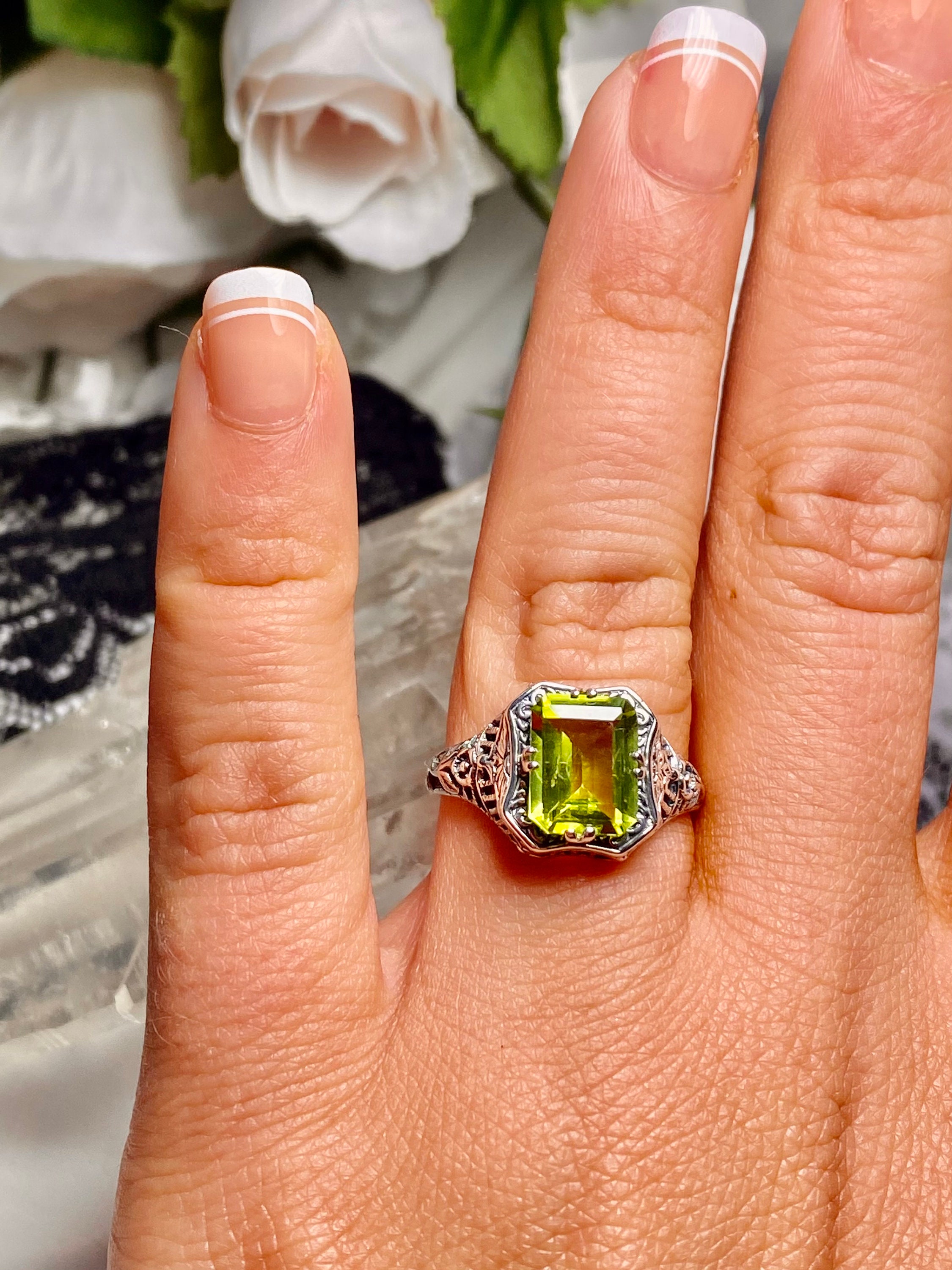 Natural Peridot Ring Size 9 / Sterling Silver/ Natural Green