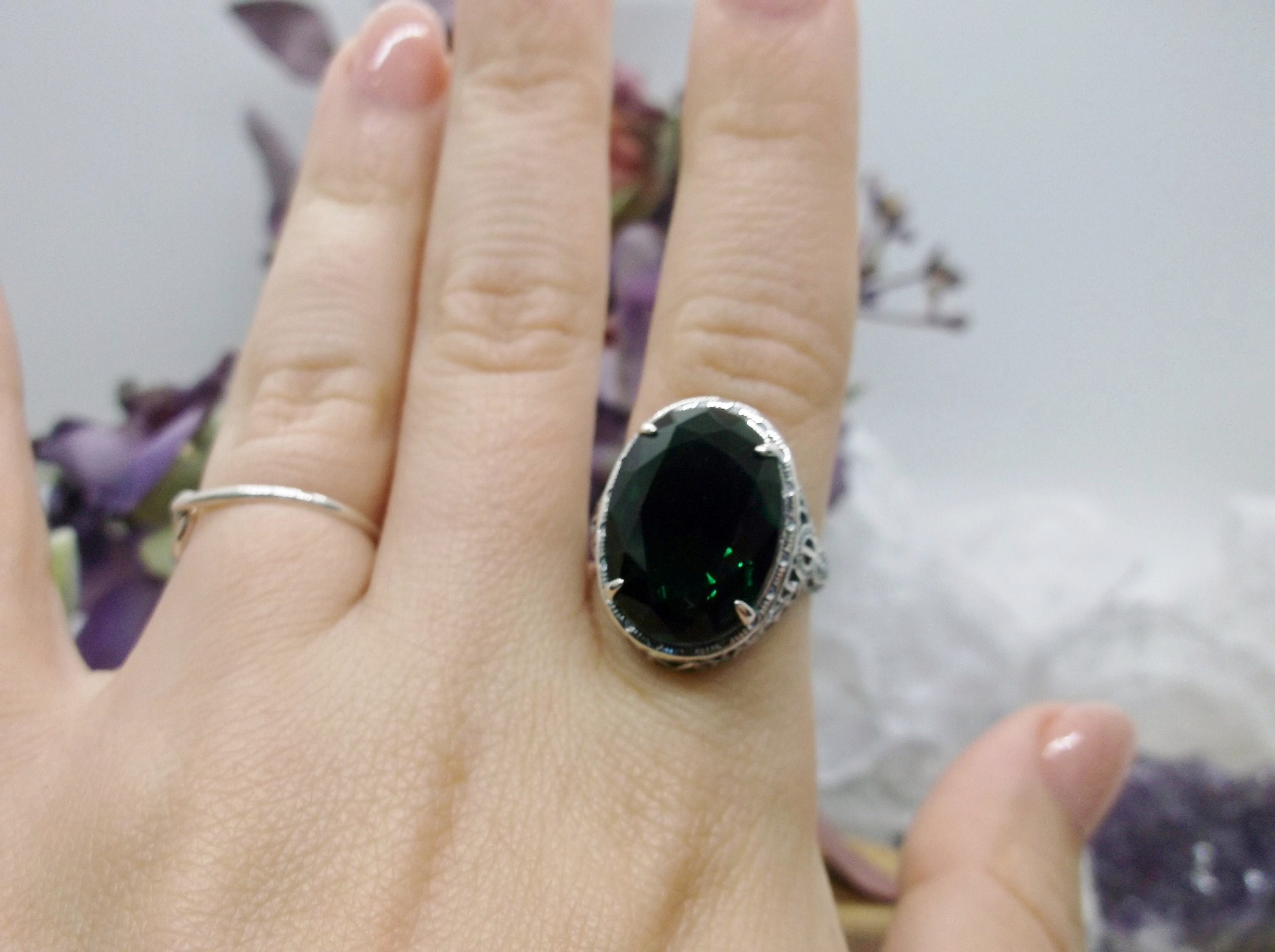 Emerald Ring/ 9ct Oval Simulated Green Emerald Art Deco Emerald Ring/ 9ct Oval Simulated Green Emerald Art Deco