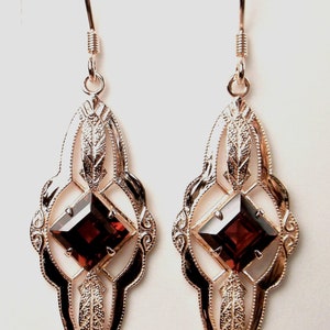 Natural Garnet Earrings/ Rose Gold plated Sterling Silver/ Natural Red Garnet, Victorian Star Filigree [Custom Made] Design#E6