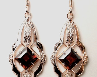 Natural Garnet Earrings/ Rose Gold plated Sterling Silver/ Natural Red Garnet, Victorian Star Filigree [Custom Made] Design#E6