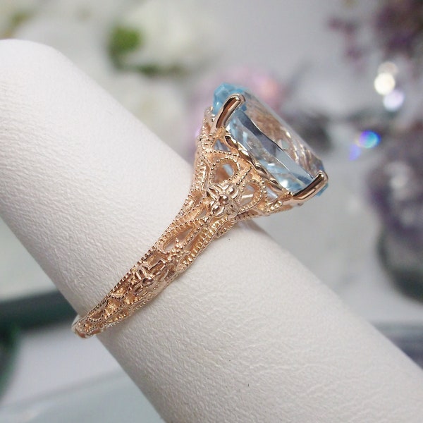 Natural Sky Blue Topaz Ring/ Rose Gold plated Sterling Silver/ Natural Sky Blue Topaz Medieval Floral Filigree [Made To Order] Design#173