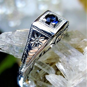Sapphire Ring 925 Sterling Silver Antique Art Deco Wedding Simulated Blue Sapphire Silver Filigree Ring [Custom Made] Design#155