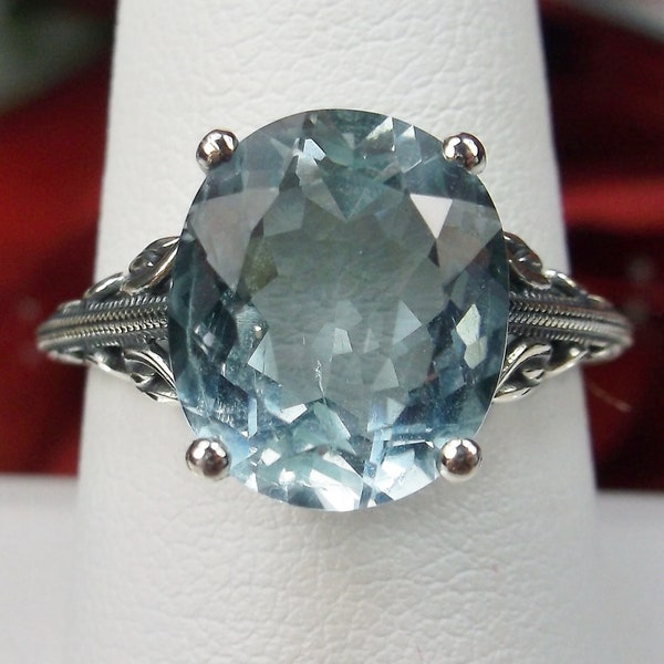 Natural Aquamarine Ring / Solid Sterling Silver/3.5ct Oval Light Blue Aquamarine, Silver Floral Swan Filigree [Custom Made] Design#190