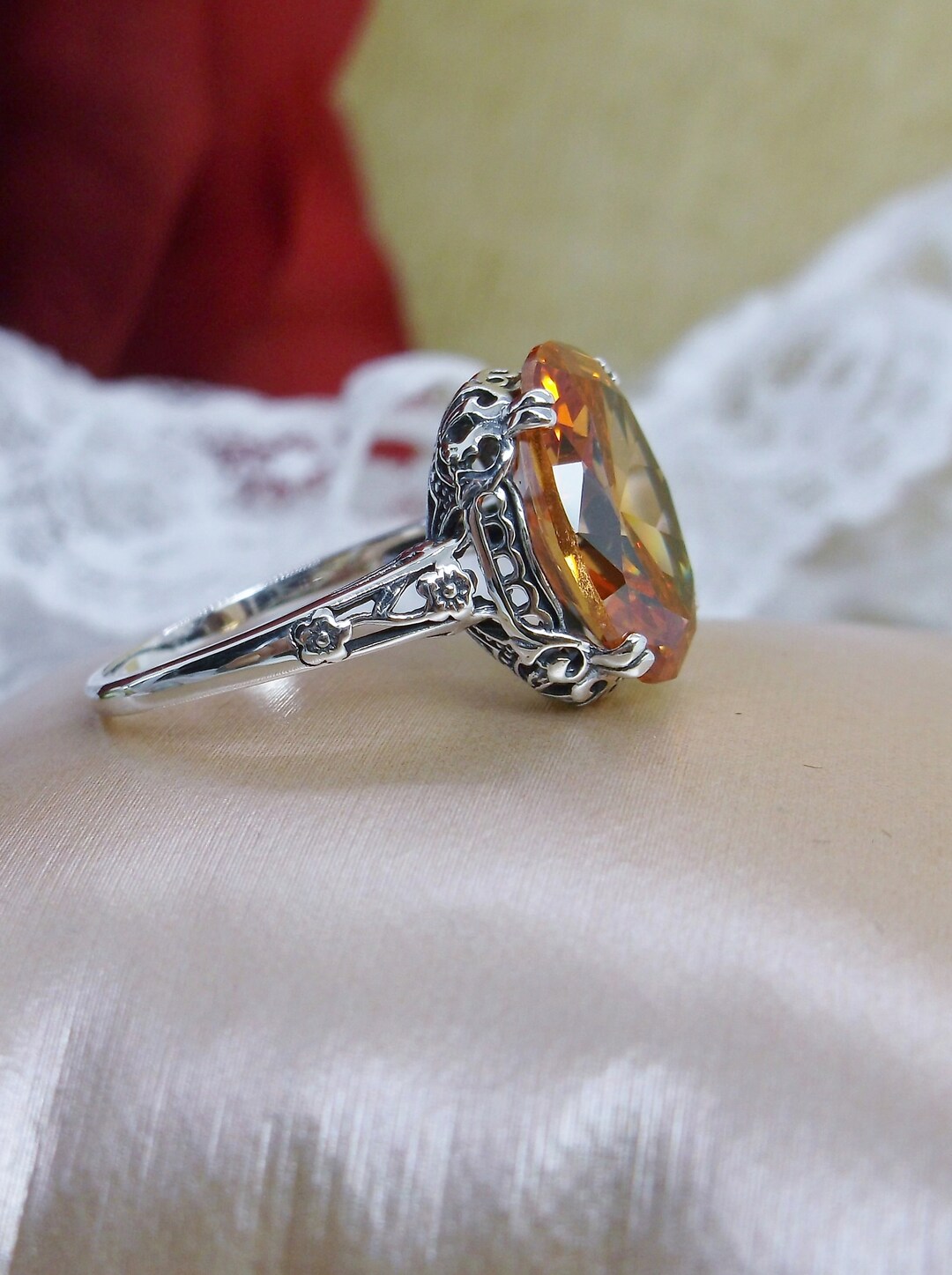 Peach CZ Ring Size 9/ Solid Sterling Silver/ 6ct Peach Cubic Zirconia  Floral Art Deco Edwardian Filigree in Stock Design70 - Etsy Canada