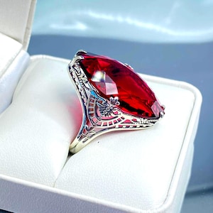 Red Ruby Ring 925 Sterling Silver • Big 13ct Marquise Cut Simulated Red Gemstone • Art Deco Floral Fence Filigree [Made To Order] Design#75