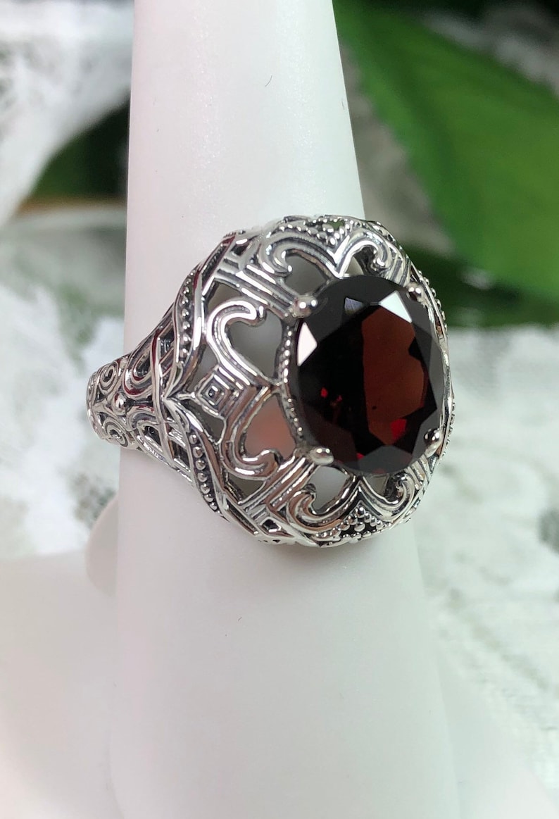 Custom Made Silver Deco Swirl Filigree Design#168 Natural Garnet Ring Solid Sterling Silver Oval 3.63ct Natural Garnet