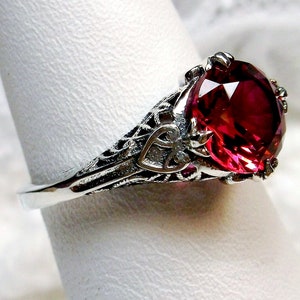 Ruby Red Ring/ Sterling Silver/ 2ct Round Cut Red Gem, Victorian Knight Art Deco Filigree [Custom-Made] Design#162