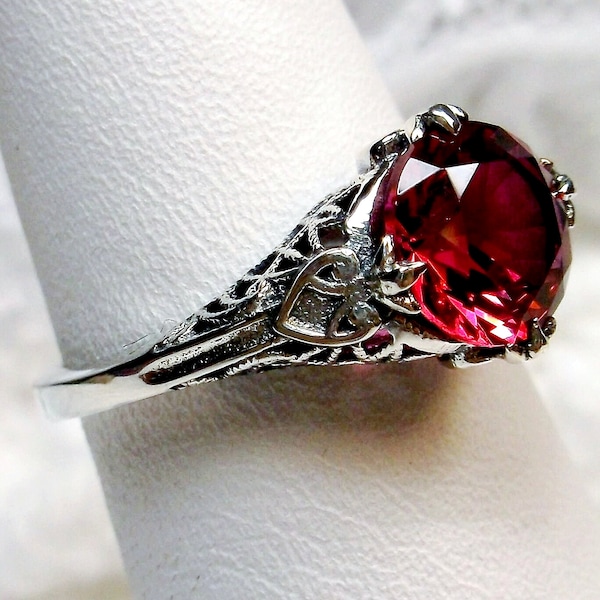 Ruby Red Ring/ Sterling Silver/ 2ct Round Cut Red Ruby Gem Victorian Knight Art Deco Filigree [Custom-Made] Design#162