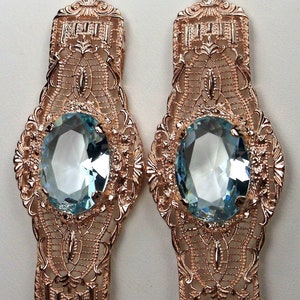 Aquamarine Earrings / Rose Gold plated Sterling Silver/ Oval Cut Simulated Aquamarine, Art Deco Castle Filigree [Custom Made] Design#E4