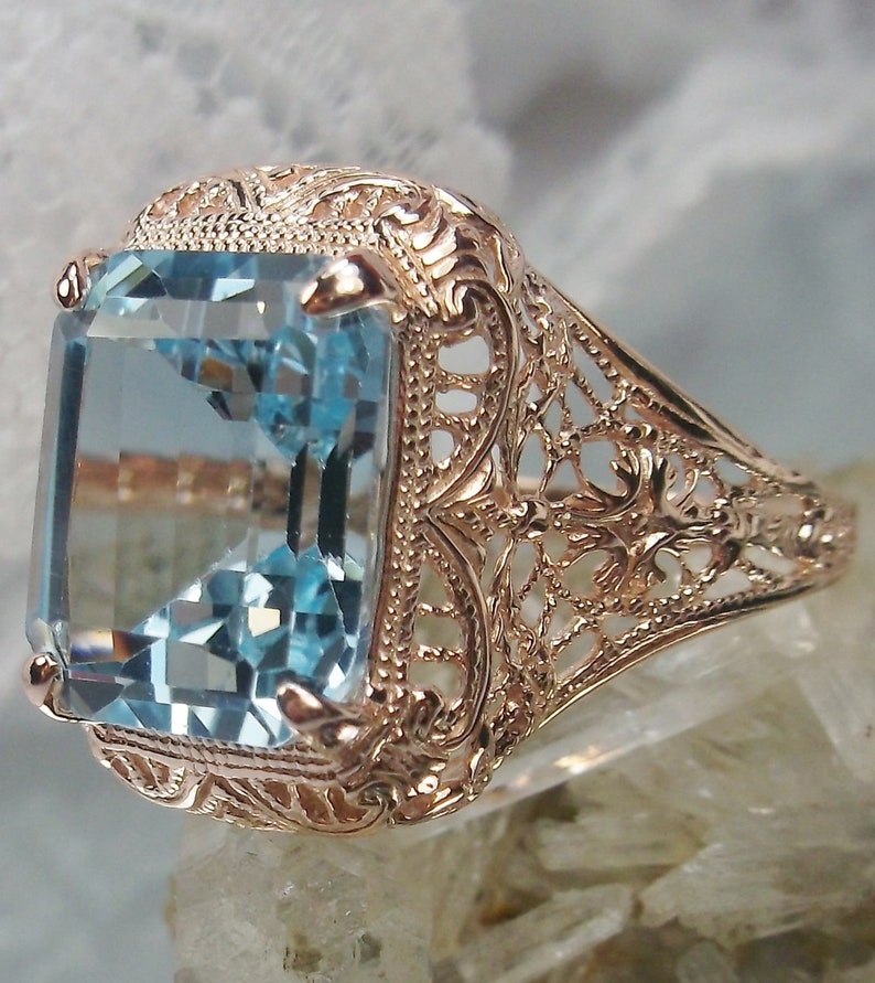 Autumn Design#200 Custom Made Natural Topaz Ring Rose Gold plated Sterling Silver 6ct Natural Sky Blue Topaz Floral Victorian Filigree