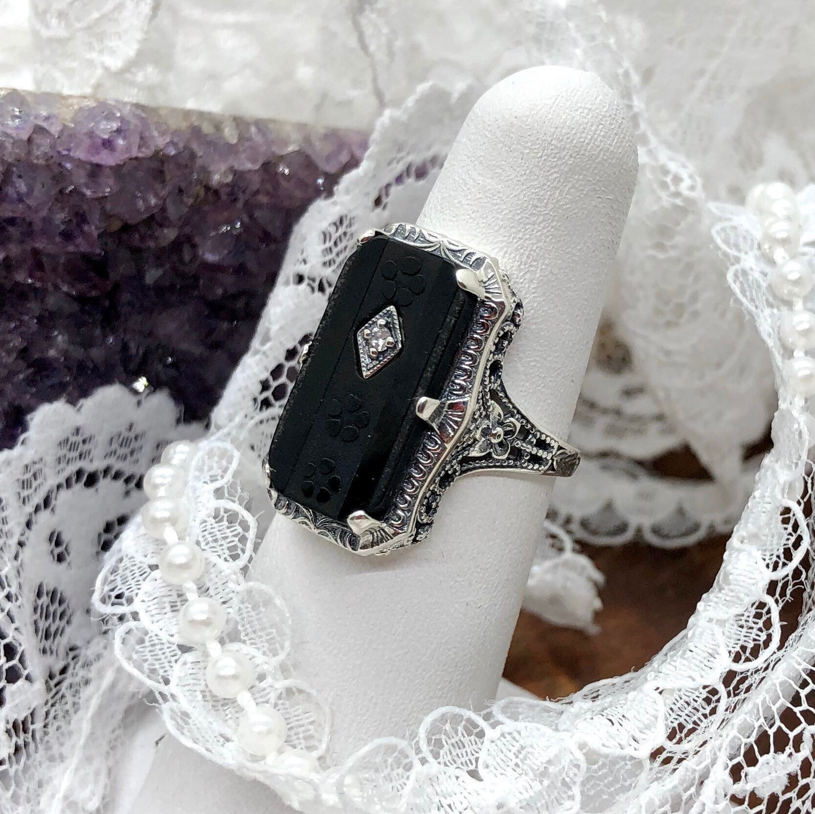 Black Camphor Glass Ring/ Sterling Silver/ Carved Black | Etsy