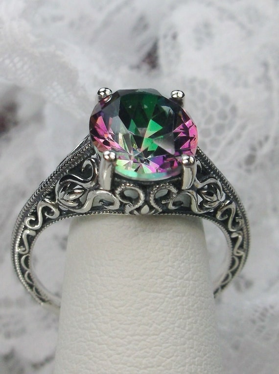 Bague Art Déco En Argent Massif Filigrane Et Topaze Mystique - Neuf Sans Emballage