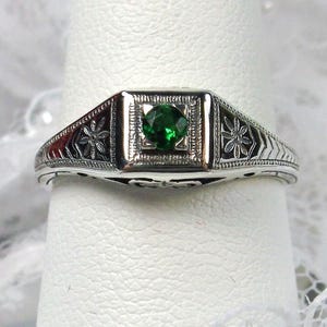 Natural Emerald Ring • Round Green Gemstone • Art Deco Sterling Silver Filigree • Custom Made | Design#155