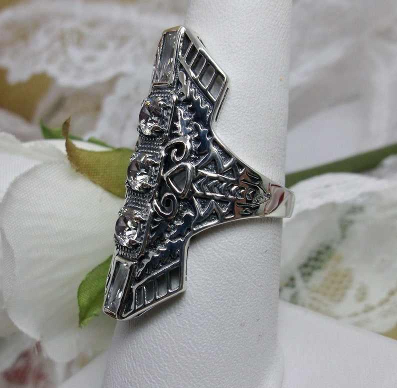 Design#214 White CZ Ring Solid Sterling Silver White Cubic Zirconia Long Art Deco 1930s Filigree Ring Made to Order