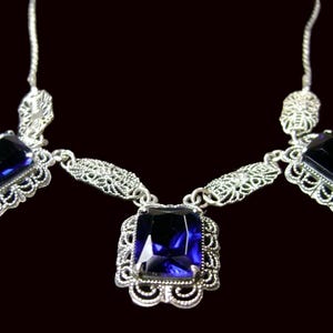 Sapphire Necklace Simulated Blue Sapphire Victorian Festoon Sterling Silver Filigree Necklace [Custom Made] Design#P8