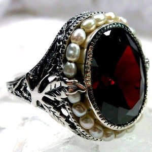 Garnet CZ Seed Pearl Ring | Sterling Silver Oval Red Cubic Zirconia Large Victorian Leaf Filigree Jewelry [Made To Order] Design#156