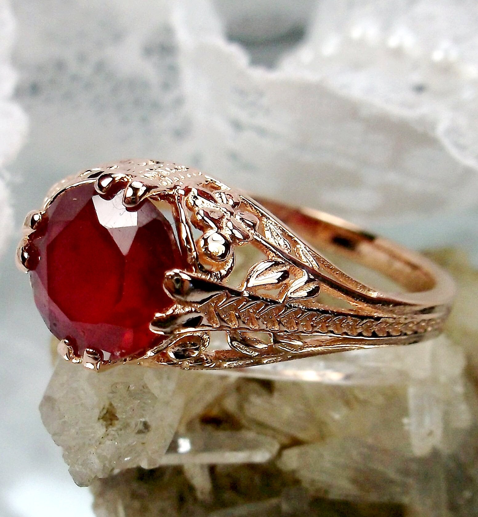 Natural Ruby Ring/ Rose Gold plated Sterling Silver/ Natural 1.8ct Ruby Edwardian Art Deco 2Fleur Floral Filigree [Custom Made] Design#159
