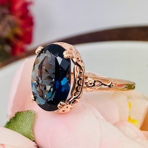 London Blue Topaz Ring/ Rose Gold plated Sterling Silver/ London Blue Topaz Edwardian Floral Filigree [Custom Made] Design#70