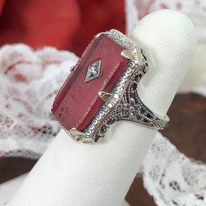 Pink Camphor Ring Size 8 / Sterling Silver/ Carved Rose Glass, Moissanite Gem inset, Edwardian Filigree [In Stock] Design#232