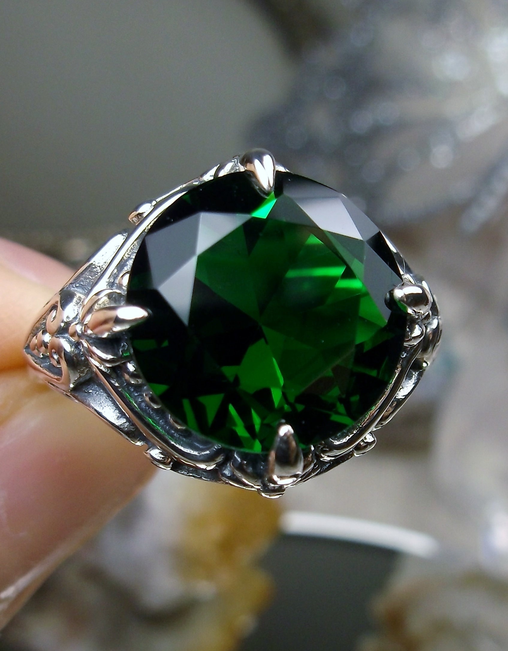 Silvershake Emerald Green Created Emerald Sterling Silver Ring - Size 9.5, 925 Silver - View #2