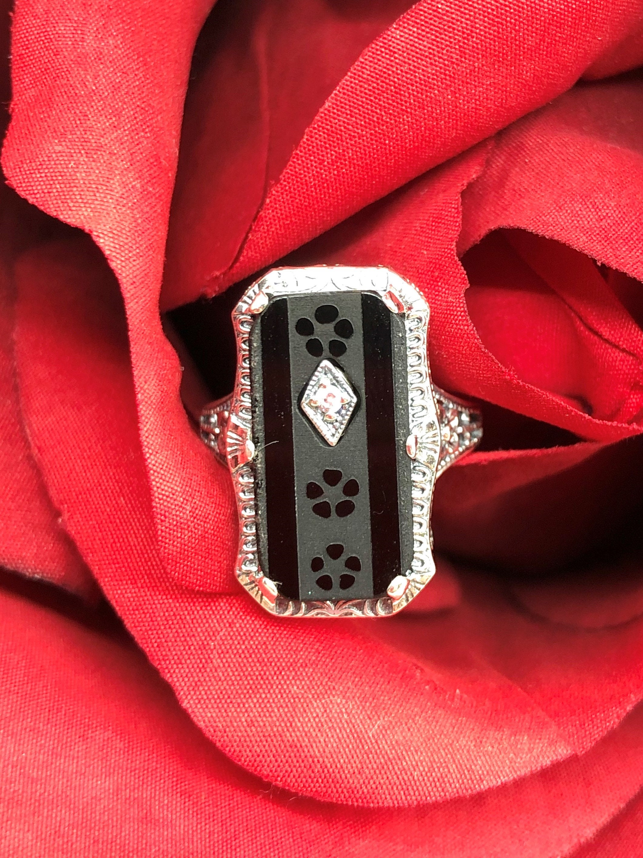 Black Camphor Glass Ring/ Sterling Silver or Gold/ Carved