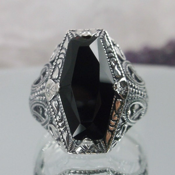 Onyx Ring/ Solid Sterling Silver/ 4ct Hexagon Black CZ Art Deco Edwardian Filigree Ring [Made to Order] Design#237