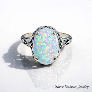 Opal Ring / Oval Simulated Rainbow Cabochon | Sterling Silver 925 Floral Filigree, Optional Band upgrade [Made To Order] Edwardian Design#70