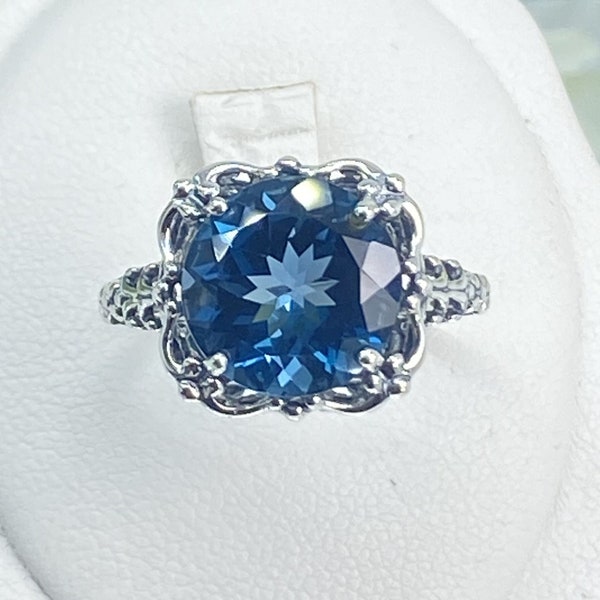 London Blue Topaz Ring / Solid Sterling Silver/ 7ct Round Natural Or Simulated Gem Victorian Filigree [Made To Order] Speechless Design#103