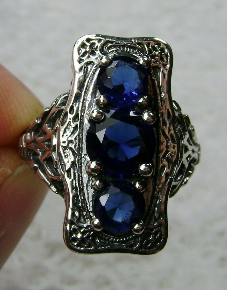Design#60 In Stock 3Stone Edwardian Art Deco Filigree Sapphire Ring Size 7-Solid Sterling Silver Simulated Blue Sapphire