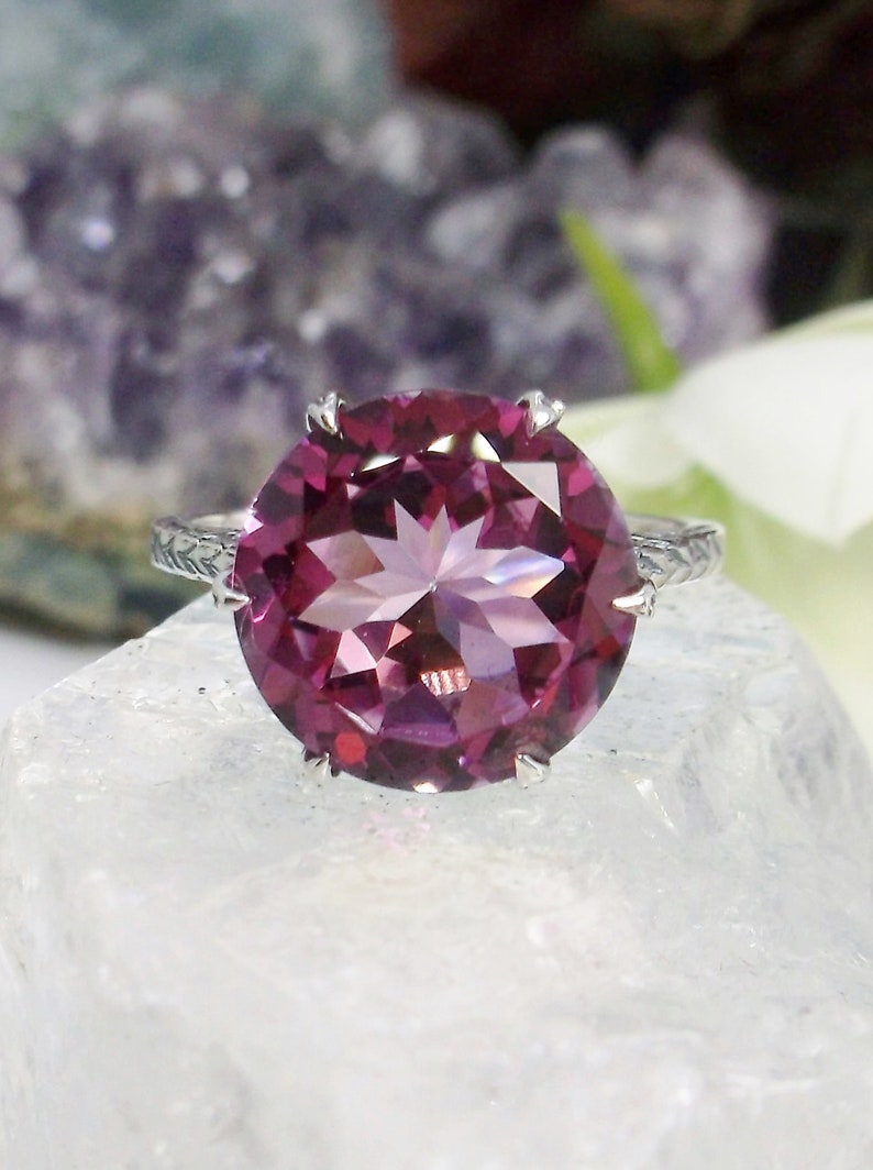 Design#37 In Stock Natural Pink Topaz Ring Size 5 Solid Sterling Silver 7ct Round Cut Pink Topaz Edwardian 1910 Filigree