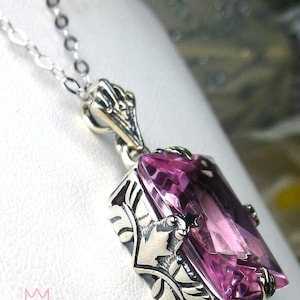 Pink Topaz Pendant/ Sterling Silver/ 10ct Simulated Pink Topaz Sterling Silver Filigree Art Deco Necklace [Made To Order] Design#P15