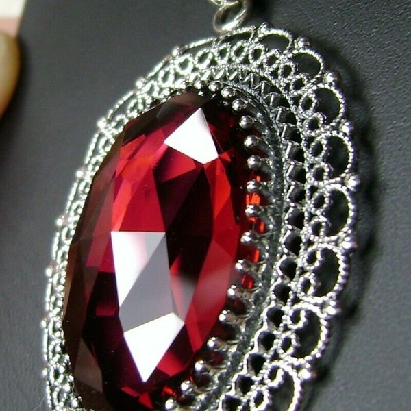 Ruby Pendant/ Solid Sterling Silver/ Oval Huge Simulated Red Ruby Sterling Silver Victorian Filigree Necklace Pendant[Custom Made]Design#P14