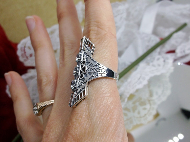 Design#214 White CZ Ring Solid Sterling Silver White Cubic Zirconia Long Art Deco 1930s Filigree Ring Made to Order