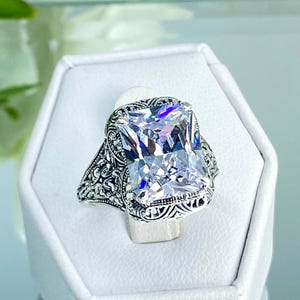 White CZ Ring, Sterling Silver - 5ct Rectangle Cubic Zirconia Victorian Floral Autumn Filigree| Vintage Ring [Custom Made] Design#200