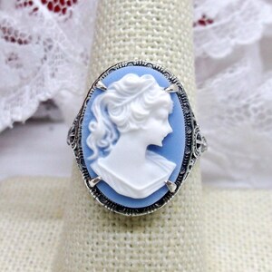 Cameo Ring/ Butterfly, Rose Flower, Lady Silhouette, Sterling Silver Victorian/Deco Filigree [Made To Order] Antique Design#230 Blue & White Lady