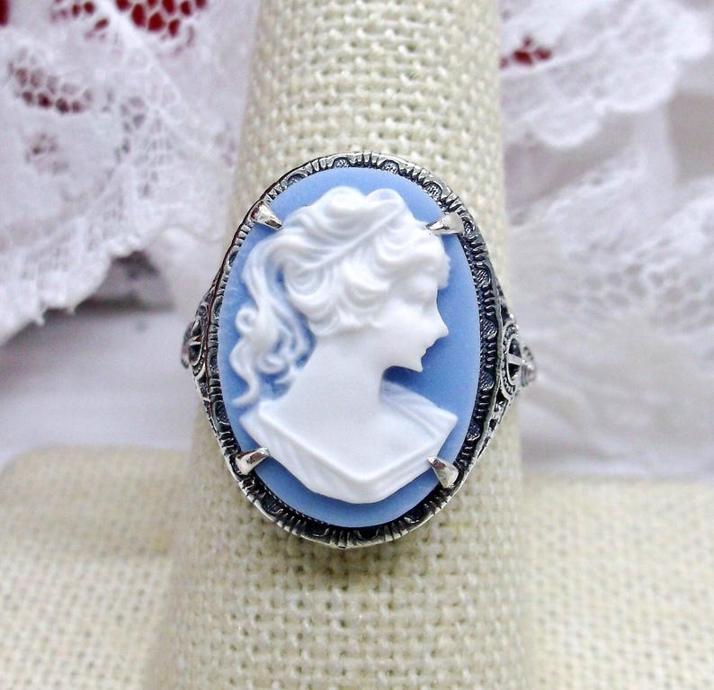 Cameo Ring/ Butterfly, Rose Flower, Lady Silhouette, Sterling Silver Victorian/Deco Filigree [Made To Order] Antique Design#230 Blue & White Lady