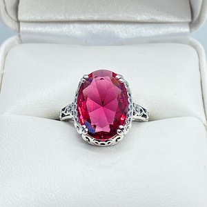 Red Ruby Ring Size 8.5 | Sterling Silver 6ct Oval Faceted Simulated Ruby Gemstone Floral Art Deco Edwardian Filigree [Ships Now] Design#70