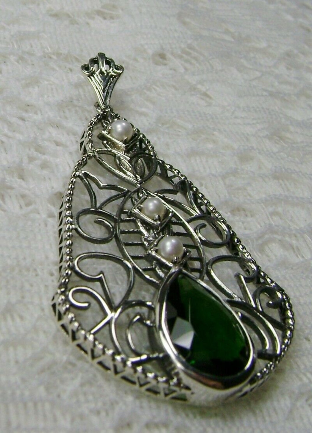 Emerald Pendant/ Solid Sterling Silver/ Pearl & Simulated - Etsy