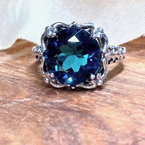 London Blue Topaz Ring / Solid Sterling Silver/ 7ct Round Natural Or Simulated Gem Victorian Filigree [Made To Order] Speechless Design#103